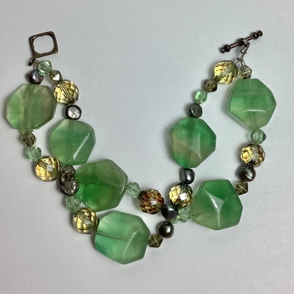 Stone bracelet, green fluorite with crystal beads. - Picture 1 of 3